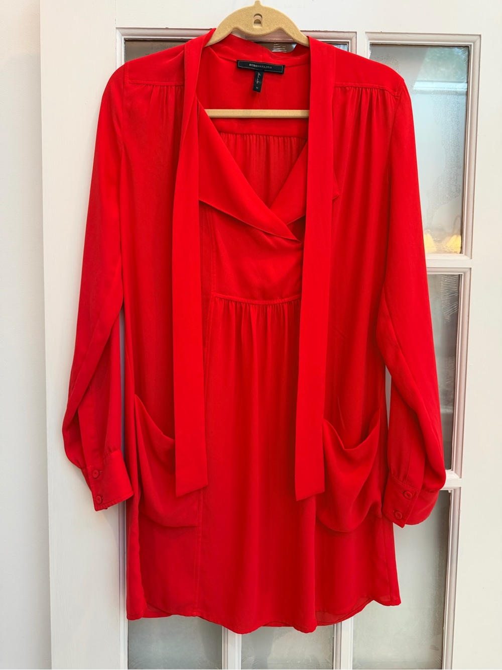 BCBGMAXAZRIA Chic Semi Sheer Damario Neck Tie Red Shift Dress Size Medium M